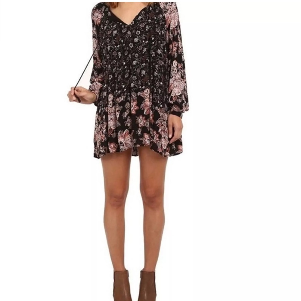 🌻Women’s Free People Lucky Loosey Floral Print Boho Mini Dress Onyx Combo Sz S